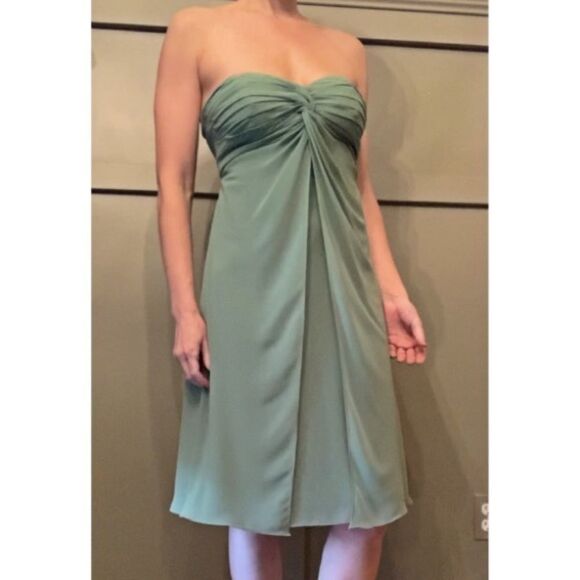 BILL Levkoff Chiffon Strapless Sweetheart Cocktail Length Bridesmaid Dress Green - Picture 1 of 7